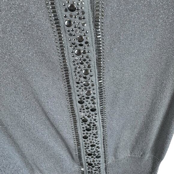 White House Black Market Silver Shimmer Studded Snap Up 3/4 Sleeve Cardigan Sz S - Picture 3 of 6